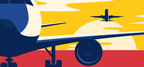 Flat style vector illustration of the airliners at sunset